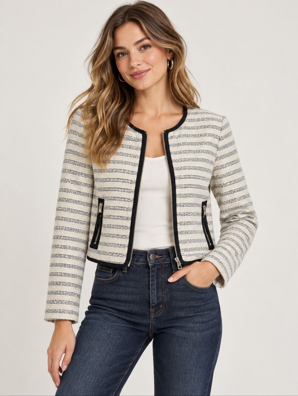 American Eagle Striped Tweed Blazer Jacket Cream Navy Size L